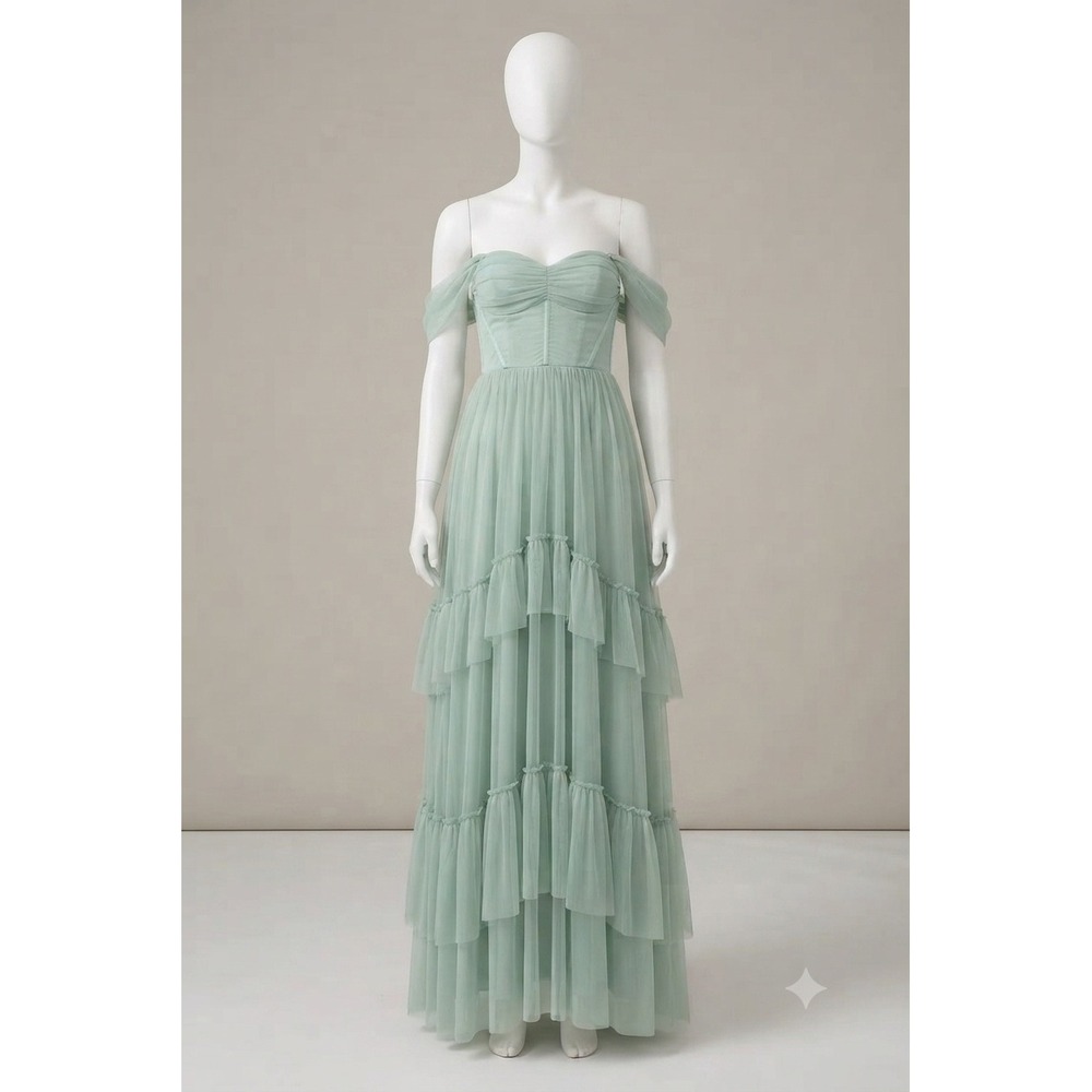 Lulus Sage Green Mesh Tiered Maxi Dress Corset Bodice Ruffle Formal Gown Large